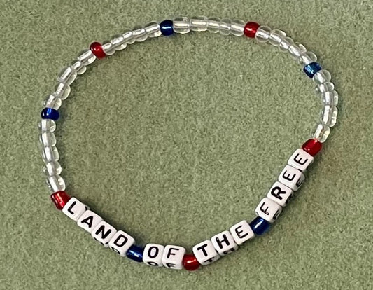 Hand-Crafted Beaded Stretch Bracelet: Word "Land of the Free"