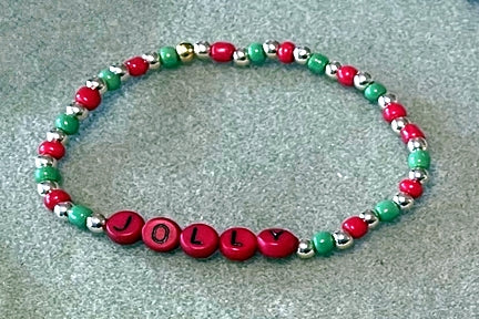 Hand-Crafted Beaded Winter Stretch Bracelet: Word "Jolly"