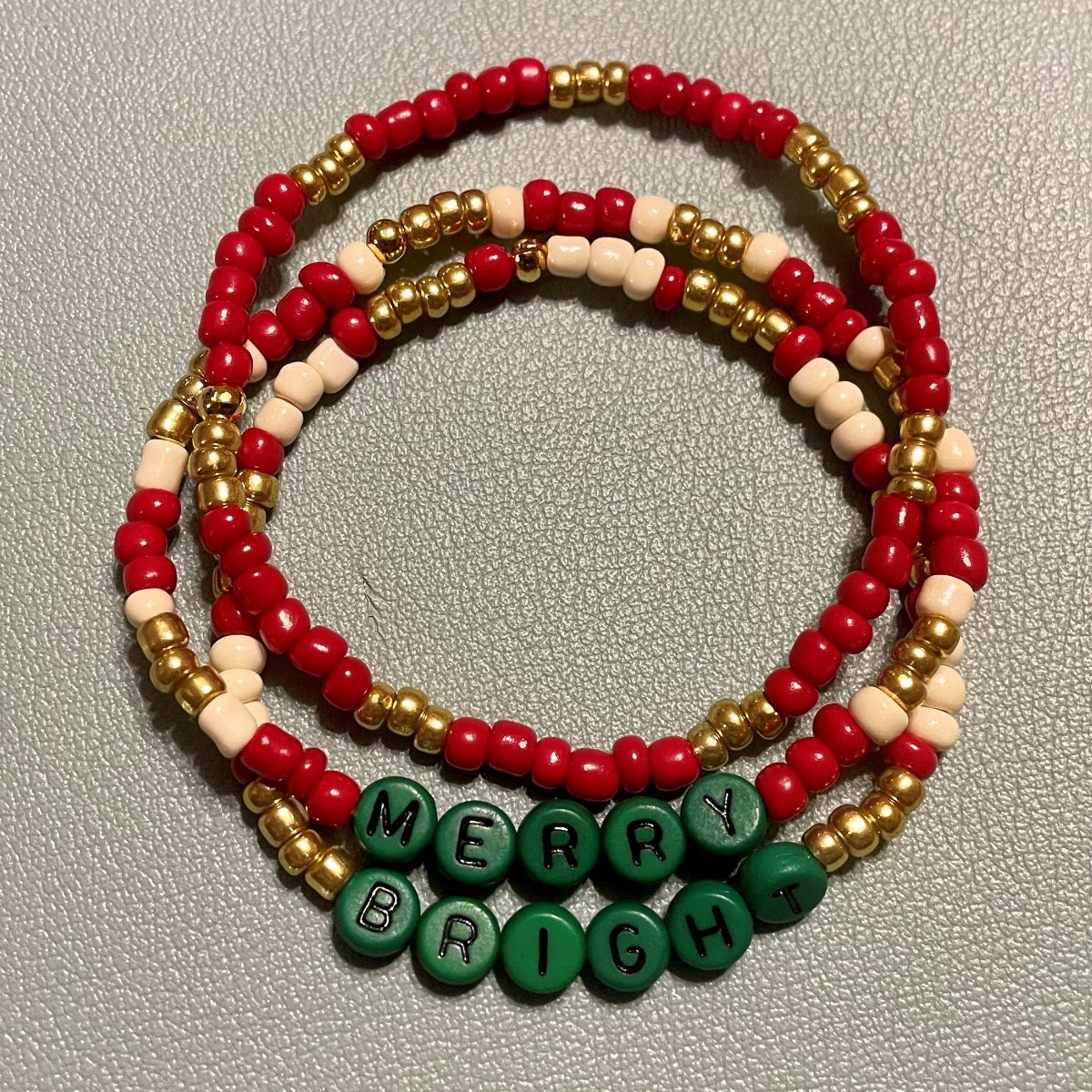 Hand-Crafted Beaded 3Pc Winter Stretch Bracelet: Word "Merry Bright"