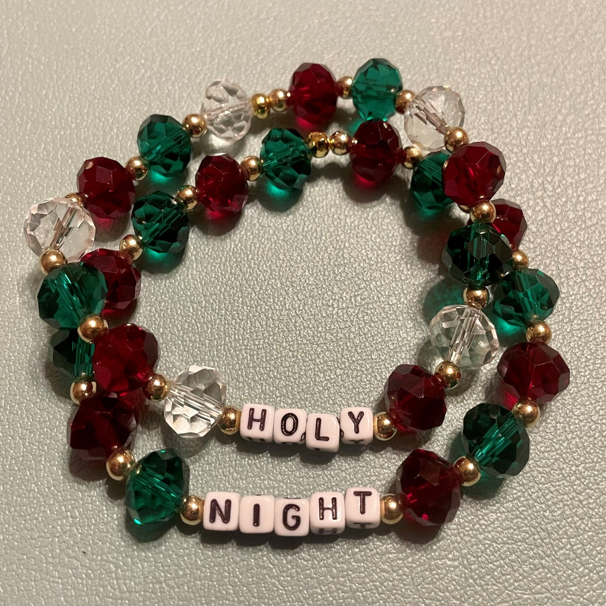 Hand-Crafted Beaded 2Pc Winter Stretch Bracelet: Word "Holy Night"