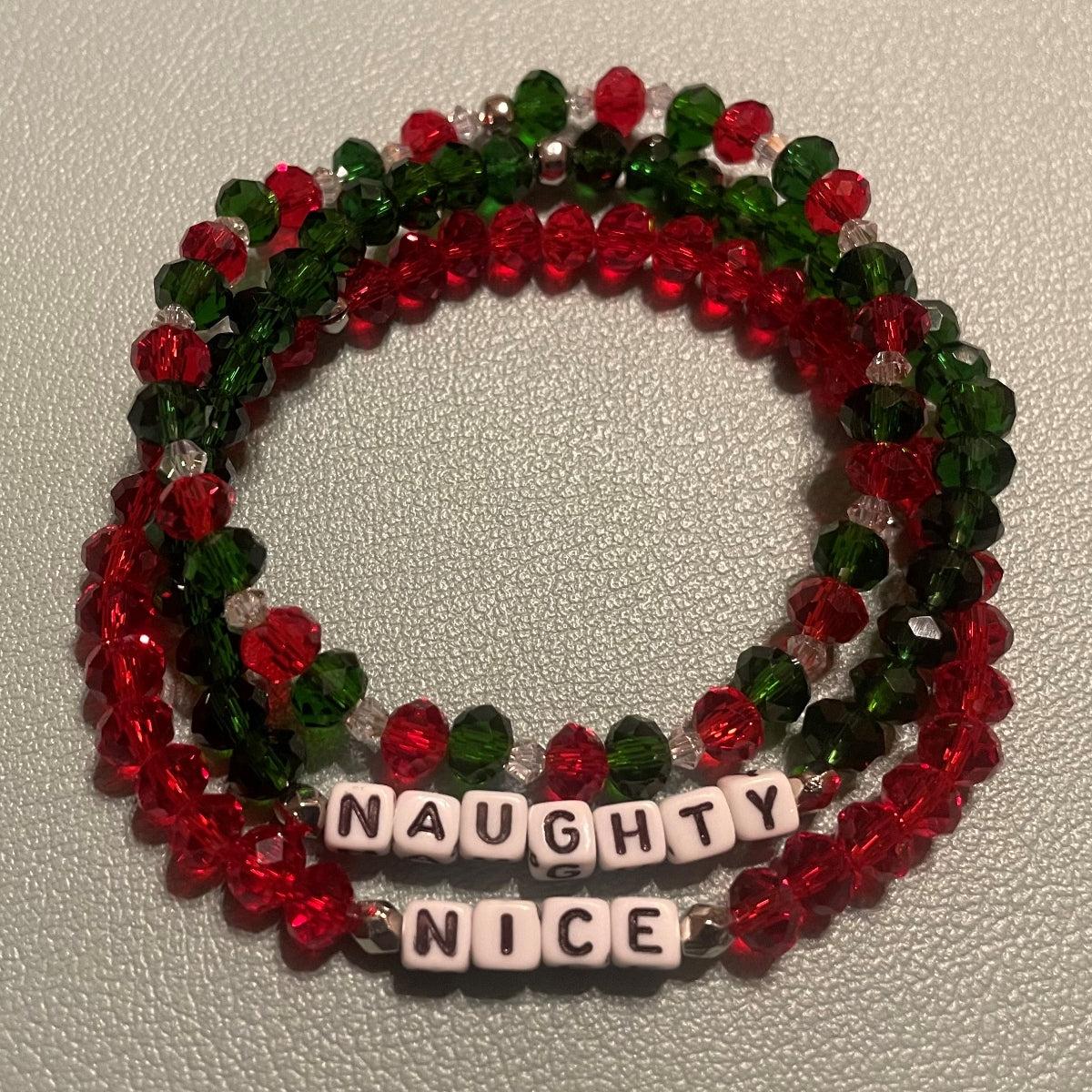 Hand-Crafted Beaded 3Pc Winter Stretch Bracelet: Word "Naughty, Nice"