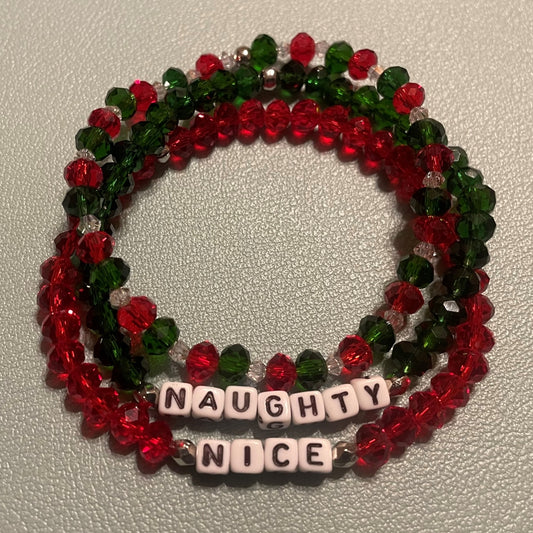 Hand-Crafted Beaded 3Pc Winter Stretch Bracelet: Word "Naughty, Nice"