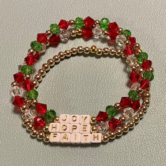 Hand-Crafted Beaded 3Pc Winter Stretch Bracelet: Word "Joy, Hope, Faith"