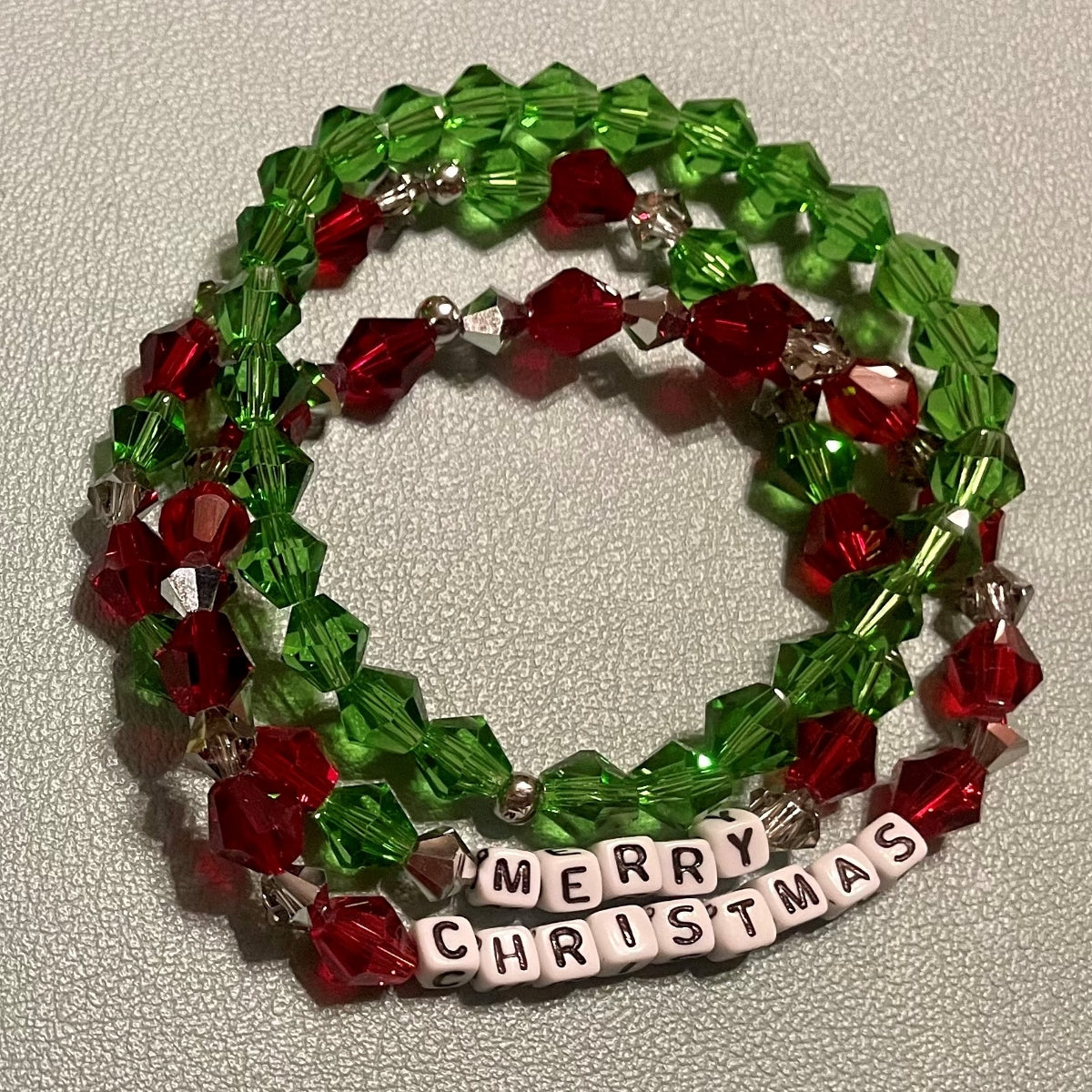 Hand-Crafted Beaded 3Pc Winter Stretch Bracelet: Word "Merry Christmas"