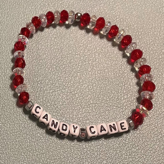 Hand-Crafted Beaded Winter Stretch Bracelet: Word "Candy Cane"