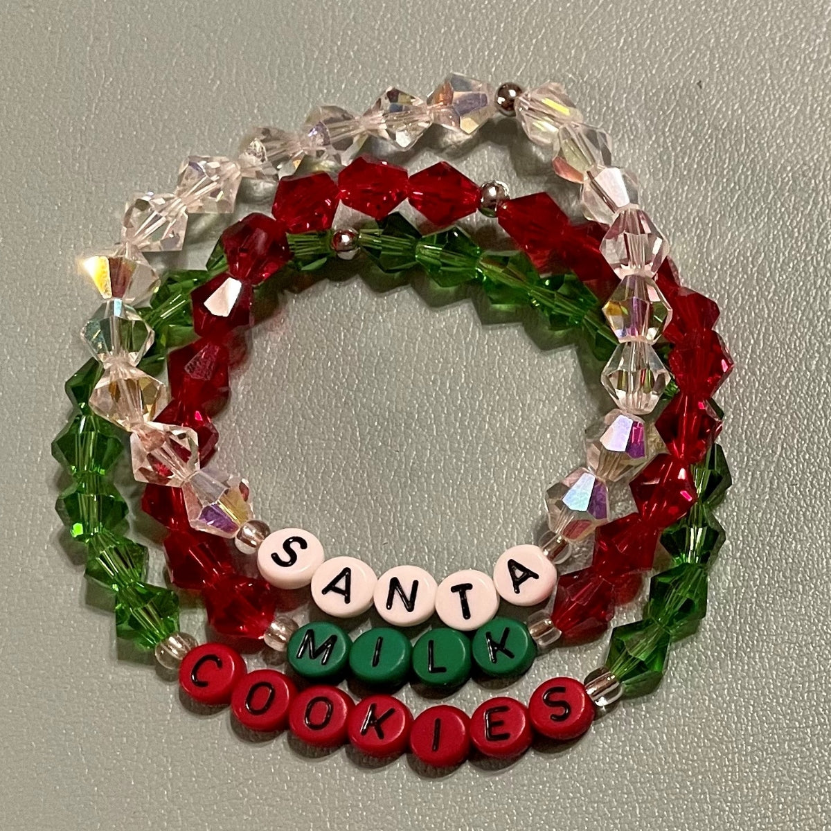 Hand-Crafted Beaded 3Pc Winter Stretch Bracelet Word "Santa, Milk, Cookies"