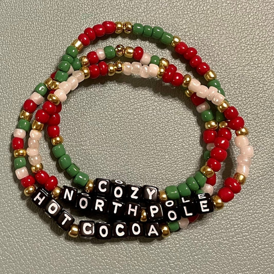 Hand-Crafted Beaded 3Pc Winter Stretch Bracelet: Word "Cozy, North Pole, Hot Cocoa"