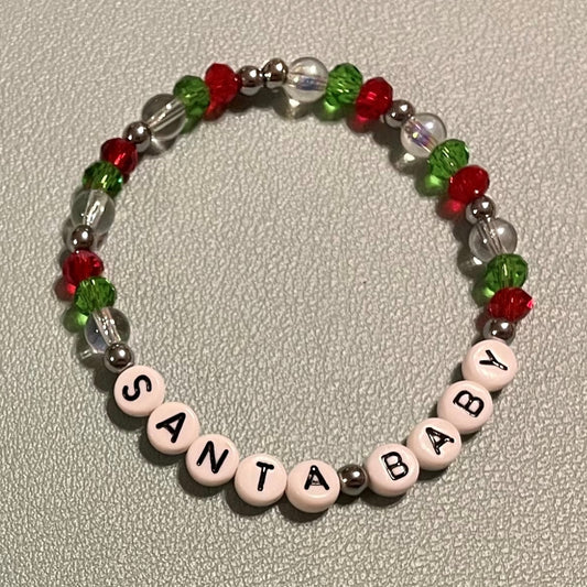 Hand-Crafted Beaded Winter Stretch Bracelet: Word "Santa Baby"