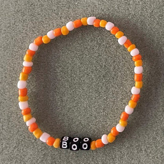 Hand-Crafted Beaded Halloween Stretch Bracelet: Word "Boo"