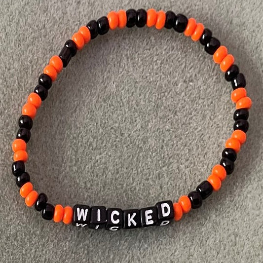 Hand-Crafted Beaded Halloween Stretch Bracelet: Word "Wicked"