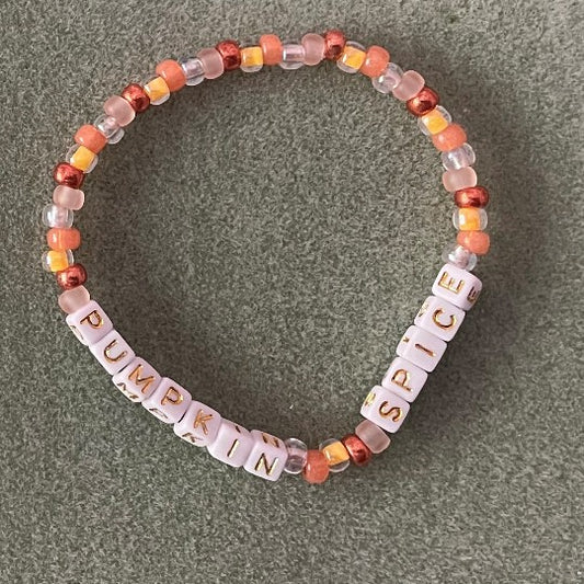 Hand-Crafted Beaded Halloween Stretch Bracelet: Word "Pumpkin Spice"