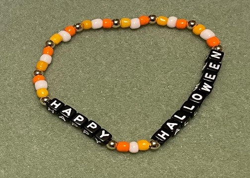 Hand-Crafted Beaded Halloween Stretch Bracelet: Word "Happy Halloween"