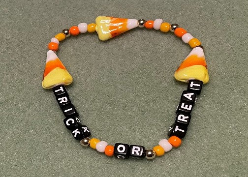 Hand-Crafted Beaded Halloween Stretch Bracelet: Word "Trick or Treat"